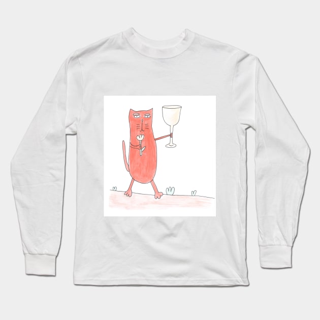 Cat congratulates on the holiday. Celebration, anniversary. Great event. Glass and flower. Watercolor illustration humorous. Humor, fun design modern Long Sleeve T-Shirt by grafinya